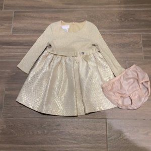 Bonnie Baby Girl Gold Shimmery Top Jacquard Pleated Bottom Bow Dress Size 24M